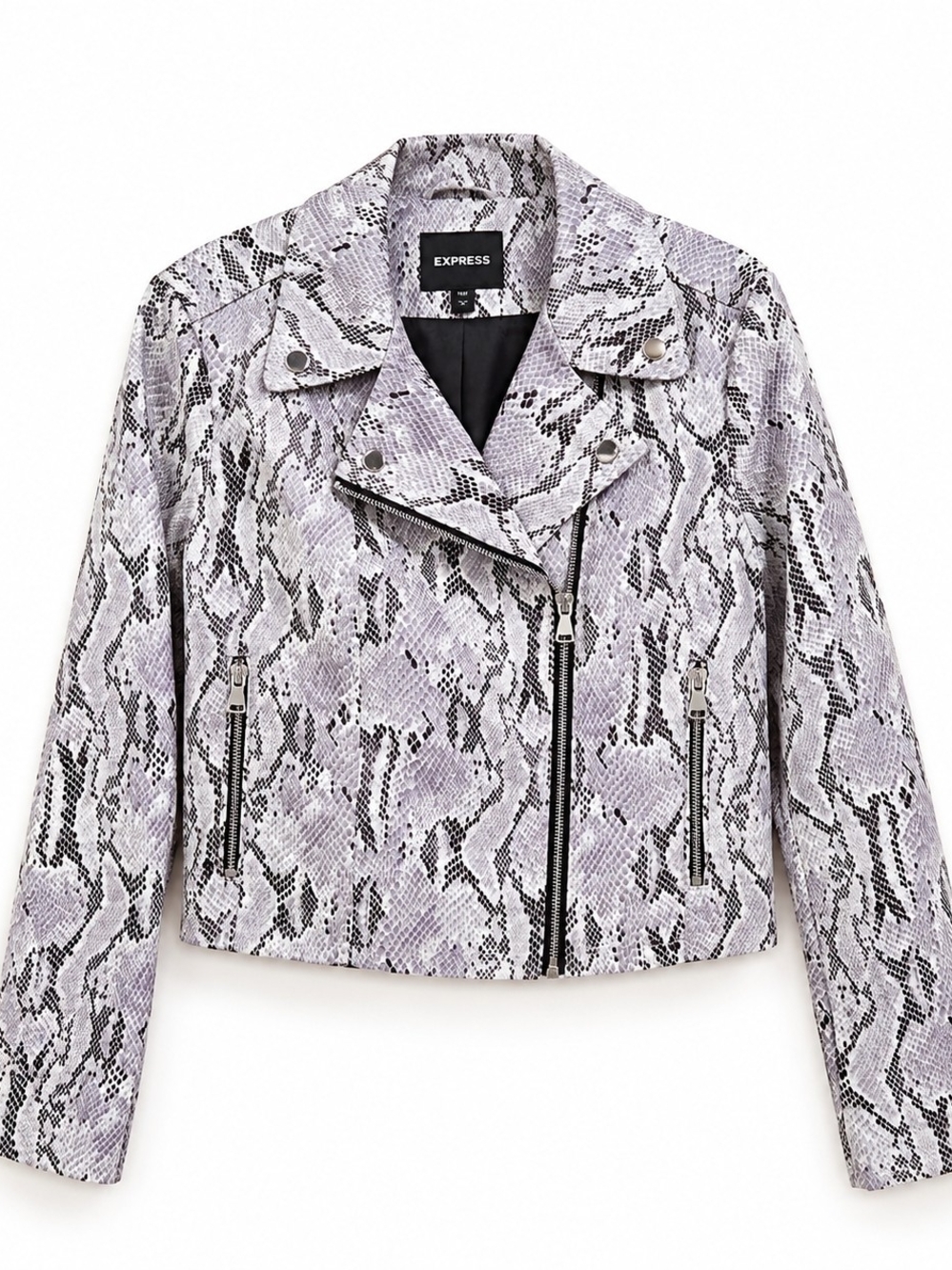 Express Women’s Large Snakeskin Faux Leather Moto Jacket Gray Black